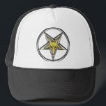 Gorra De Camionero Pentagram de plata invertido con la cabeza de oro<br><div class="desc">Características del este diseño y pentagram invertido con una cabeza de oro de la cabra en un pentagram de plata,  de uso frecuente en la magia oculta,  negra y la adoración satánica.</div>