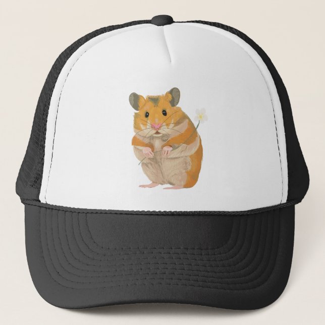 Gorra De Camionero Pequeño Hamster lindo sosteniendo una flor (Anverso)