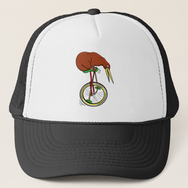 Gorra De Camionero Pequeño Kiwi Marrón En Un Unicciclo Rojo (Anverso)