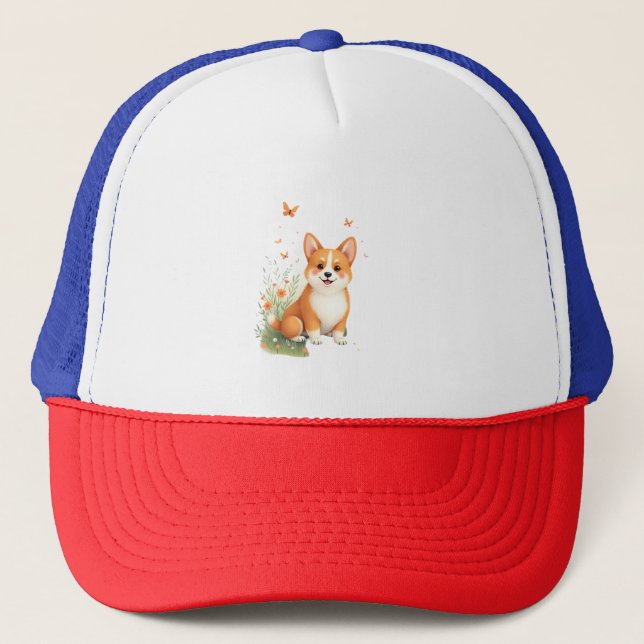 Gorra De Camionero Perro Akita con flor y camiseta con mariposa (Anverso)