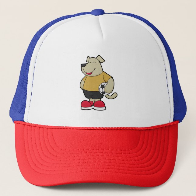 Gorra De Camionero Perro como jugador de fútbol con balón de fútbol (Anverso)