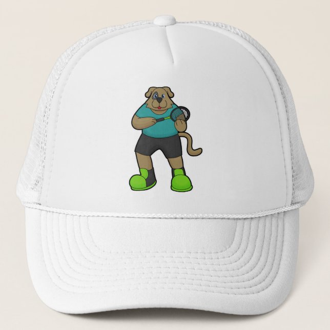 Gorra De Camionero Perro como jugador de tenis con raqueta de tenis (Anverso)
