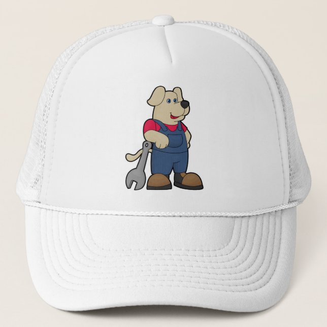 Gorra De Camionero Perro como Mecánico con Llave Inglesa (Anverso)