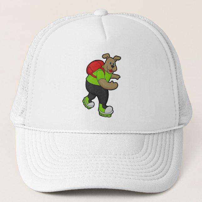 Gorra De Camionero Perro como patinador con patines en línea y mochil (Anverso)