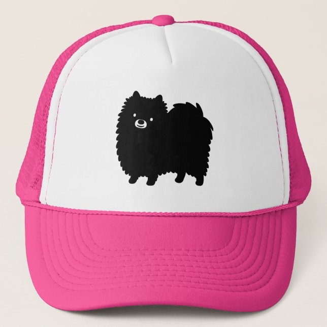 Gorra De Camionero Perro de caricatura pomeraniano negro lindo (Anverso)