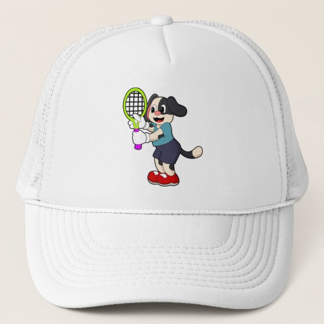 Gorra De Camionero Perro en tenis con raqueta de tenis (Anverso)