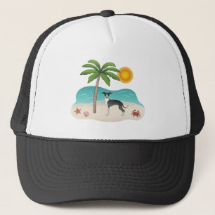 Gorra De Camionero Perro Iggy Blanco Y Negro En La Playa Tropical De