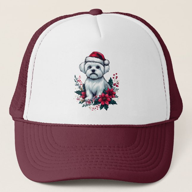 Gorra De Camionero Perro maltés floral festivo con perro de navidad d (Anverso)