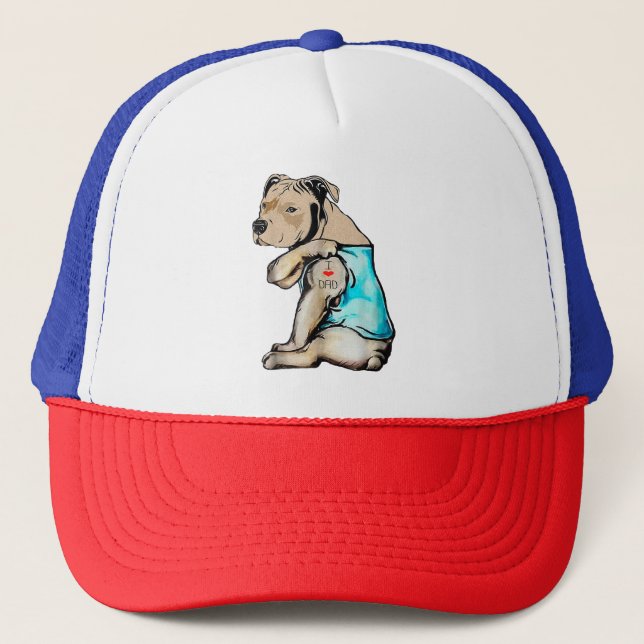 Gorra De Camionero Perro Pitbull Amo A Papá Tattoo Familia Funny (Anverso)