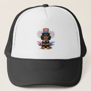 Gorra De Camionero Perro salchicha patriótico fuegos artificiales art