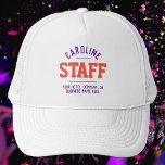 Gorra De Camionero Personal de Hospitalidad<br><div class="desc">Opción de gráficos más pequeña. gorra de personal para una empresa de atenciones sociales. Agregue el nombre del miembro del personal para crear un gorra personal de la empresa para que sus empleados lo usen con los invitados. Excelente gorra de negocios de hospitalidad.</div>