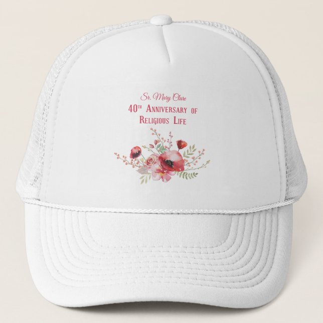Gorra De Camionero Personalice, 40º aniversario monja, rosa y (Anverso)