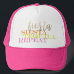 Gorra De Camionero Personalizable Final Fiesta Bachelorette Favor<br><div class="desc">¡Celebra tu Bachelorette con una Fiesta Final! Este personalizable es un gran placer para todos los clientes de una fiesta de soltería épica. El gráfico "Fiesta siesta tequila repetida" es colorido y brillante con la tipografía moderna, así que se puede usar en cualquier color, pero el fondo blanco lo hace...</div>