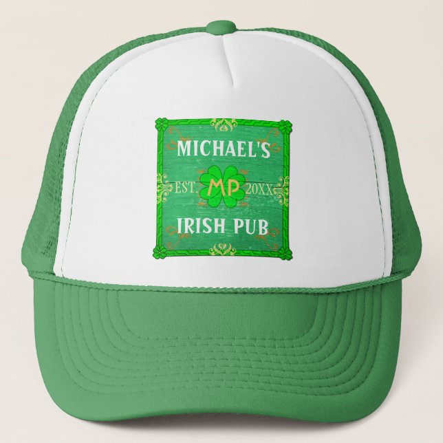 Gorra De Camionero Personalizable Tu Nombre Irlandés Pub Green (Anverso)