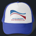 Gorra De Camionero Personalizado añada su propio candidato a presiden<br><div class="desc">Personalizar a tu propio gorra de campaña política agregando tu propio nombre u otro político bajo esta artística bandera norteamericana en rojo,  blanco y azul. Agregar un nombre personalizado para presidente en 2024.</div>