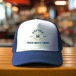 Gorra De Camionero Personalizado Capitán Bote Monograma Laurel Náutic<br><div class="desc">Personalizado gorra moderno de botes vintage con letras náuticas de azul marino que leen CAPTAIN,  tu monograma con un laurel dorado impreso y tu nombre de barco personalizado. Excelente regalo para un viaje en barco,  su propio velero,  yate o tripulación de barco.</div>