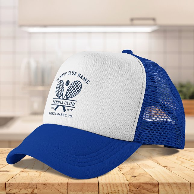 Gorra De Camionero Personalizado Club de Tenis Nombre Icons Marina Az (Custom Tennis Club Name Icons Navy Blue Trucker Hat)