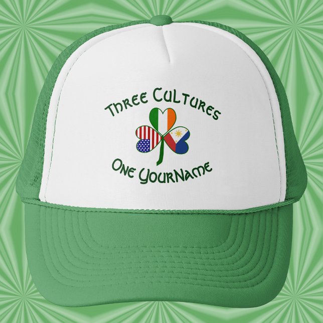 Gorra De Camionero Personalized Philippines Ireland USA Flag Shamrock (Trucker hat with a personalized Philippines‑Ireland‑USA Three Cultures shamrock.)