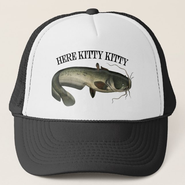 Gorra De Camionero Pesca Graciosa Aquí Kitty Kitty (Anverso)