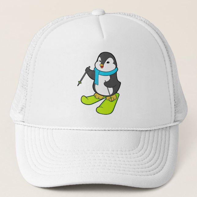 Gorra De Camionero Pingüino como esquiador con esquí (Anverso)