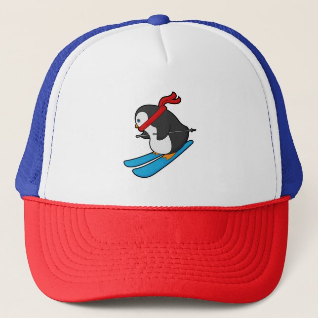 Gorra De Camionero Pingüino como esquiador con esquí (Anverso)
