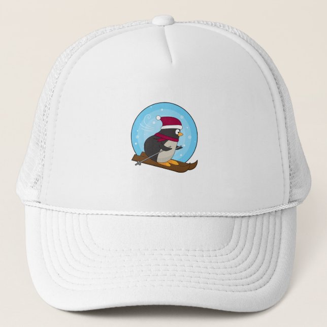 Gorra De Camionero Pingüino como esquiador con esquís (Anverso)