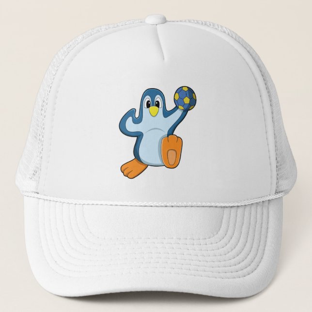 Gorra De Camionero Pingüino como jugador de balonmano con balonmano (Anverso)