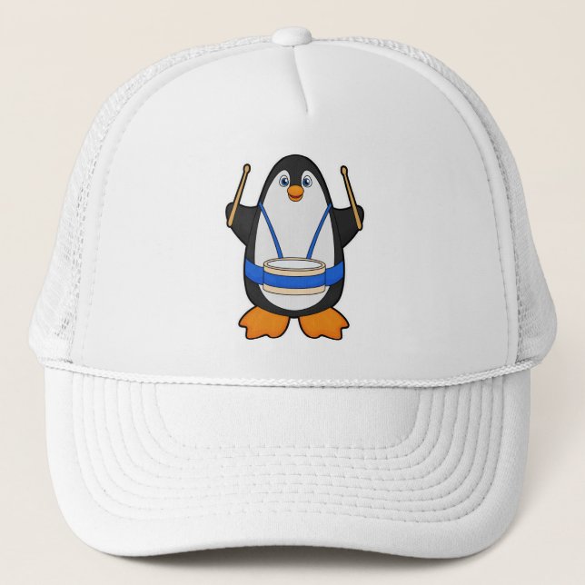Gorra De Camionero Pingüino como músico con tambor (Anverso)