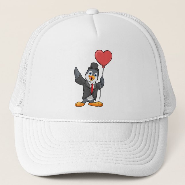 Gorra De Camionero Pingüino como novio con globo de corazón (Anverso)