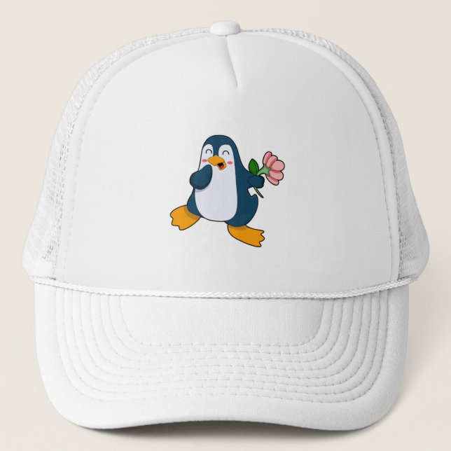 Gorra De Camionero Pingüino con flor rosa (Anverso)