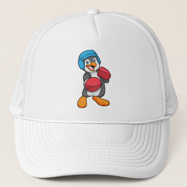 Gorra De Camionero Pingüino en Boxeo con guantes de boxeo y casco (Anverso)