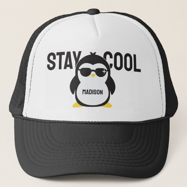 Gorra De Camionero Pingüino fresco de nombre personalizado (Anverso)