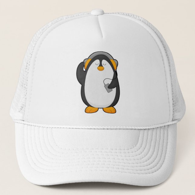Gorra De Camionero Pingüino y teléfono móvil con auriculares (Anverso)