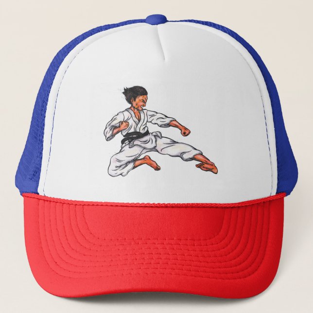 Gorra De Camionero pintando acuarela karate hombre saltando y pateand (Anverso)