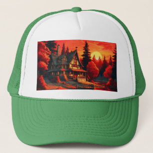 Gorra De Camionero Pintura de atardecer con cabaña y lago-66633