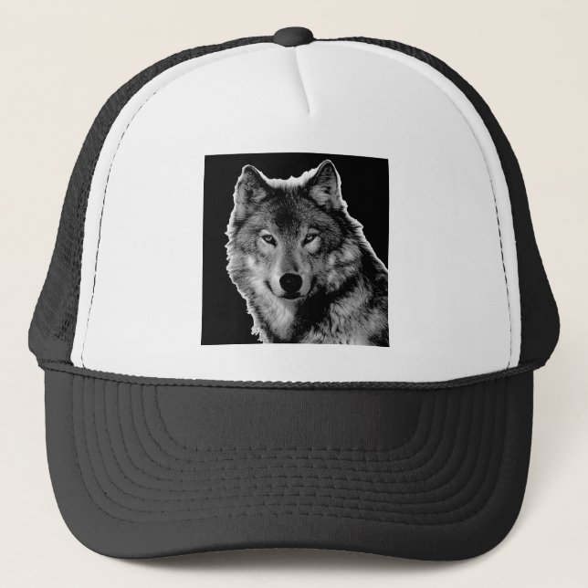 Gorra De Camionero Pintura de Lobo Blanco y Negro (Anverso)