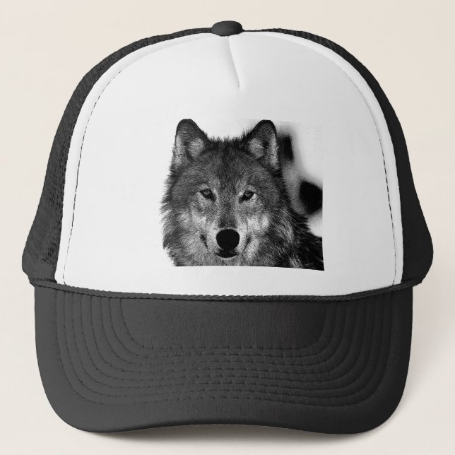 Gorra De Camionero Pintura de Lobo Blanco y Negro (Anverso)