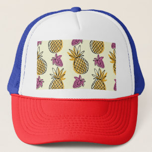 Gorra De Camionero Pintura de piña, diseño textil vintage de fresa.