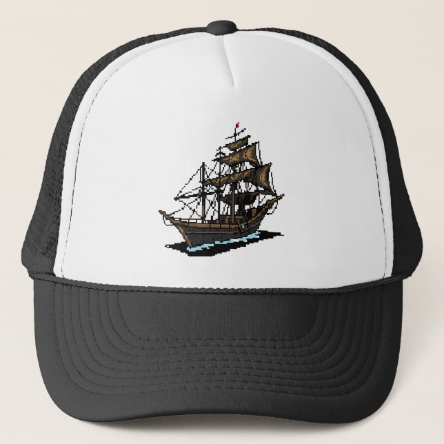 Gorra De Camionero Pixel Art Sailing Ship on Water (Anverso)
