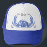 Gorra De Camionero Playa náutica del personalizado del cangrejo azul<br><div class="desc">Celebre el verano, el océano y la playa con este diseño náutico del cangrejo azul del vintage. Un ilustracion grabado rústico del cangrejo azul se fija contra un fondo de lino-mirada del moreno. Añada su texto de encargo - monograma, apellido, nombre de la casa de playa, año establecido, etc -...</div>
