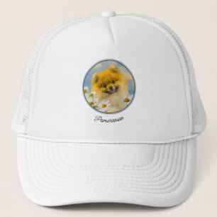 Gorra De Camionero Pomerania en pintura de Daisies - Arte de perro or