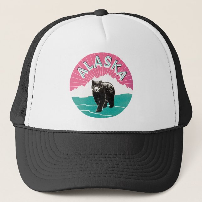 Gorra De Camionero Poster de viajes de época, oso negro de Alaska en  (Anverso)