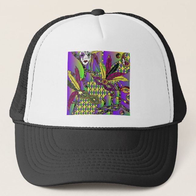 Gorra De Camionero Psychedelic Mardi Gras Feather Masks (Anverso)