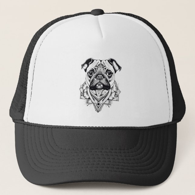 Gorra De Camionero Pug Mascota Animal Naturaleza Ilustracion Tatuaje  (Anverso)