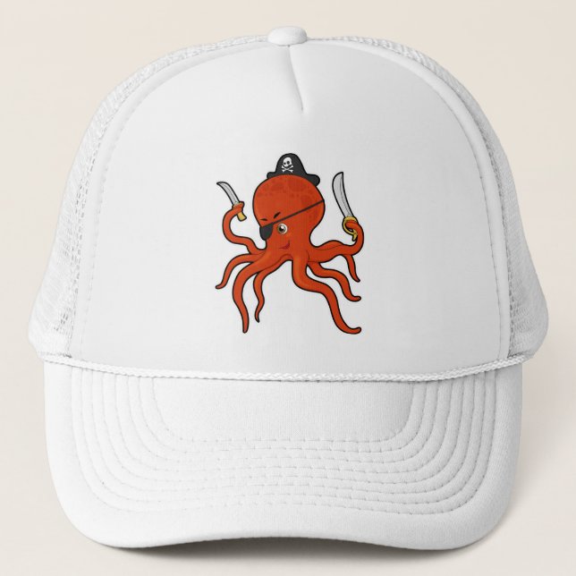 Gorra De Camionero Pulpo como Pirata con Espada y Cuchillo (Anverso)