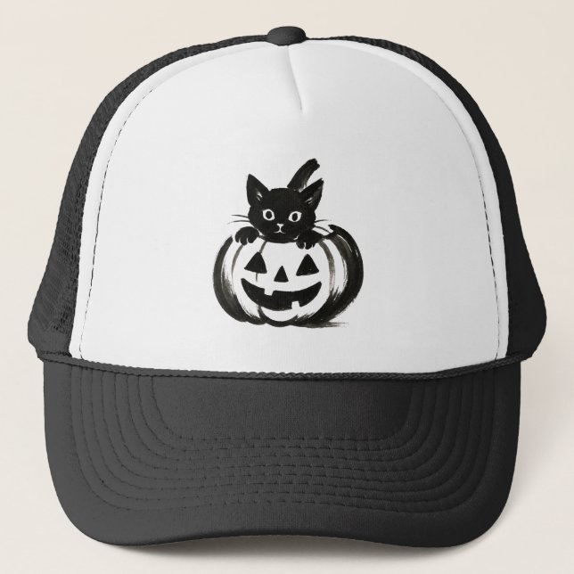 Gorra De Camionero Pumpkin Peek – Black Cat Halloween Design on  (Anverso)