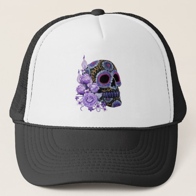 Gorra De Camionero Purple Floral Black Sugar Skull Day Of The Dead (Anverso)
