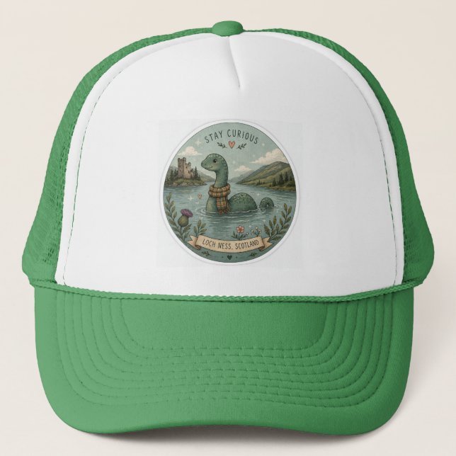 Gorra De Camionero Quédate Curioso Acogedor Críptido Nessie Monstruo  (Anverso)