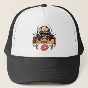 Gorra De Camionero RAB Rockabilly Cráneo Rosas Amor Lápiz Labial