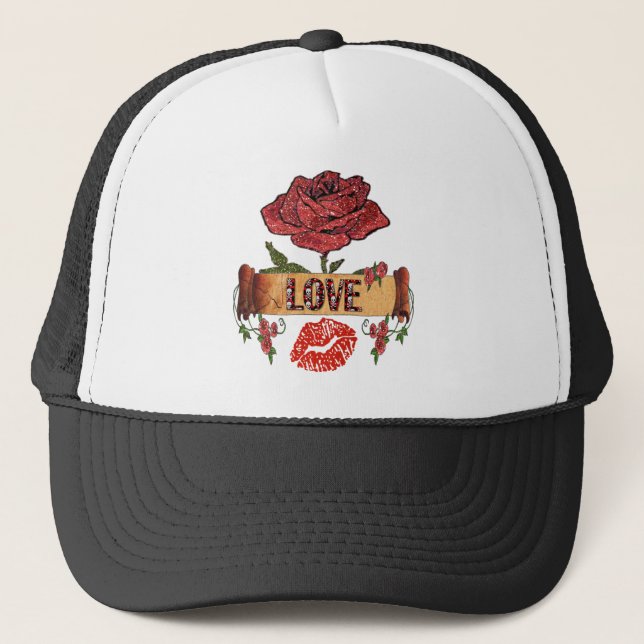 Gorra De Camionero RAB Rockabilly Valentine Rosas, Love & Lipstick (Anverso)